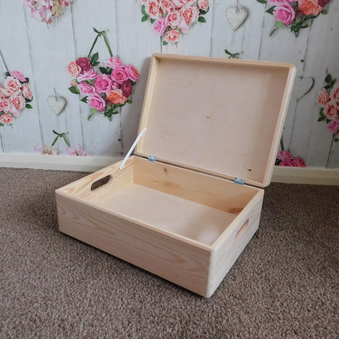 Natural Unpainted Wooden Box With Lid - L40cm x W30cm x H14cm - Inside