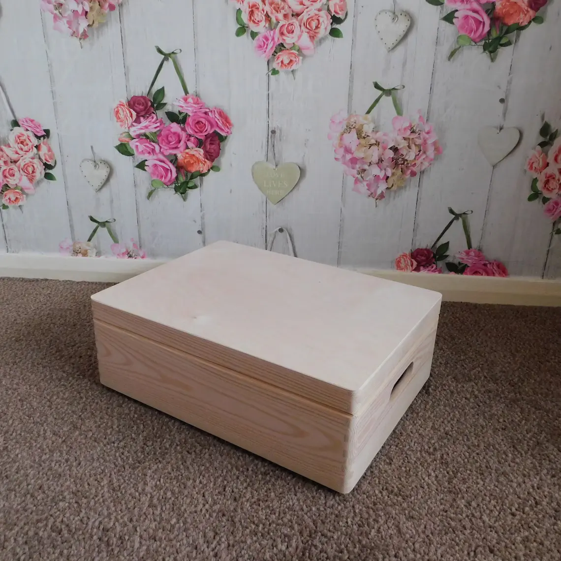 Natural Unpainted Wooden Box With Lid - L40cm x W30cm x H14cm - With Handles
