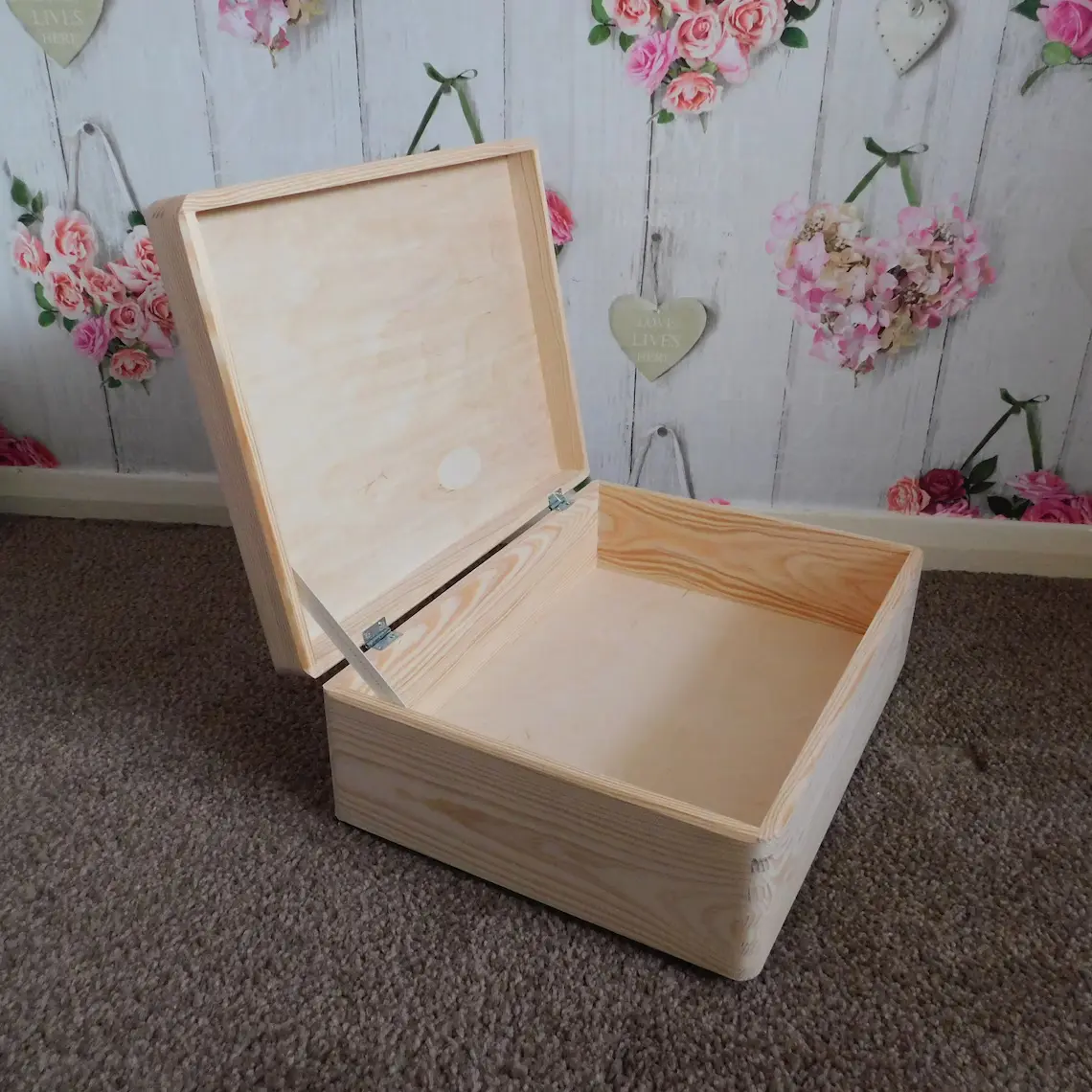 Natural Unpainted Wooden Box With Lid - L40cm x W30cm x H14cm - Without Handles - Inside