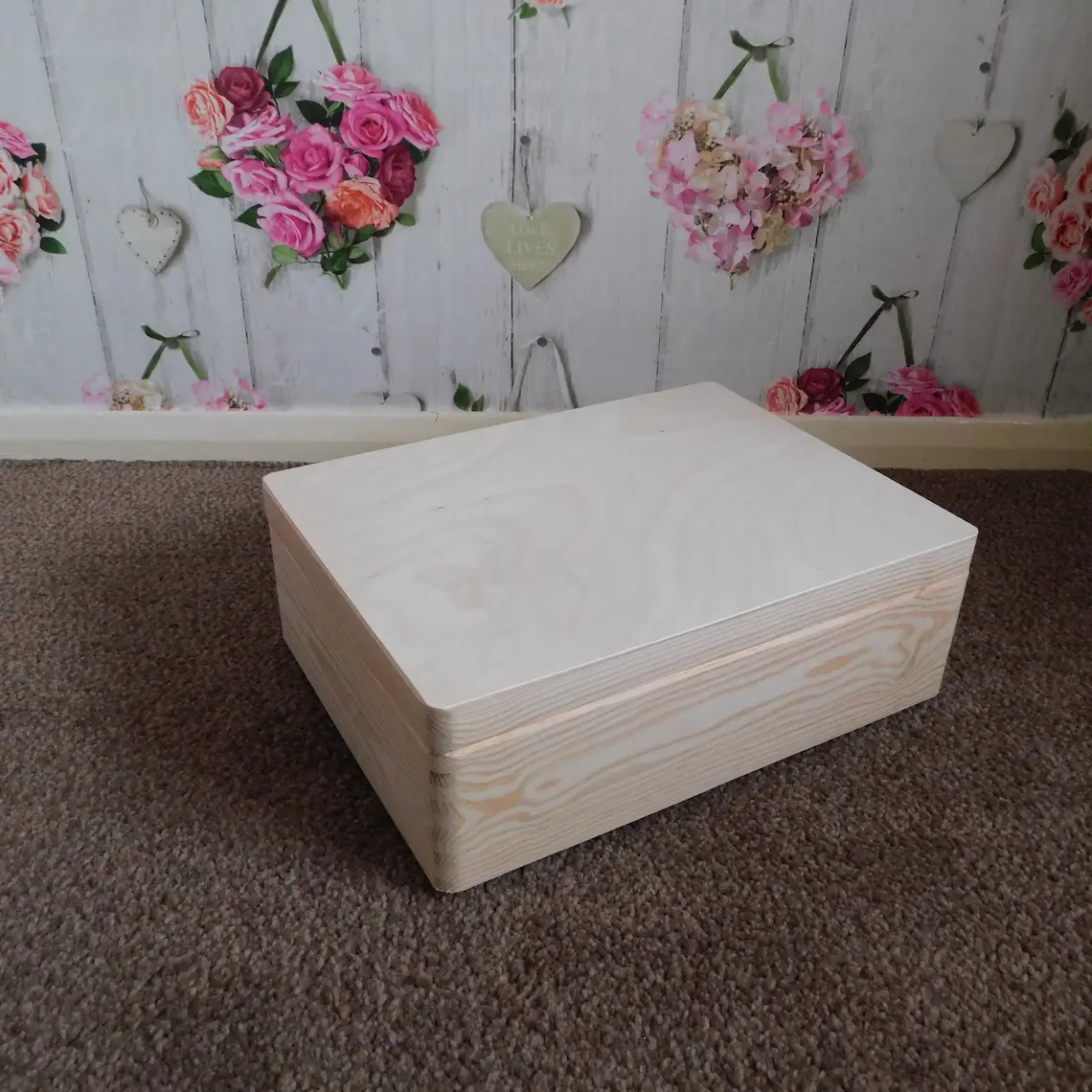 Natural Unpainted Wooden Box With Lid - L40cm x W30cm x H14cm - Without Handles