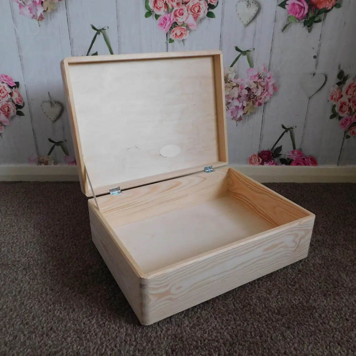 Natural Unpainted Wooden Box With Lid - L40cm x W30cm x H14cm