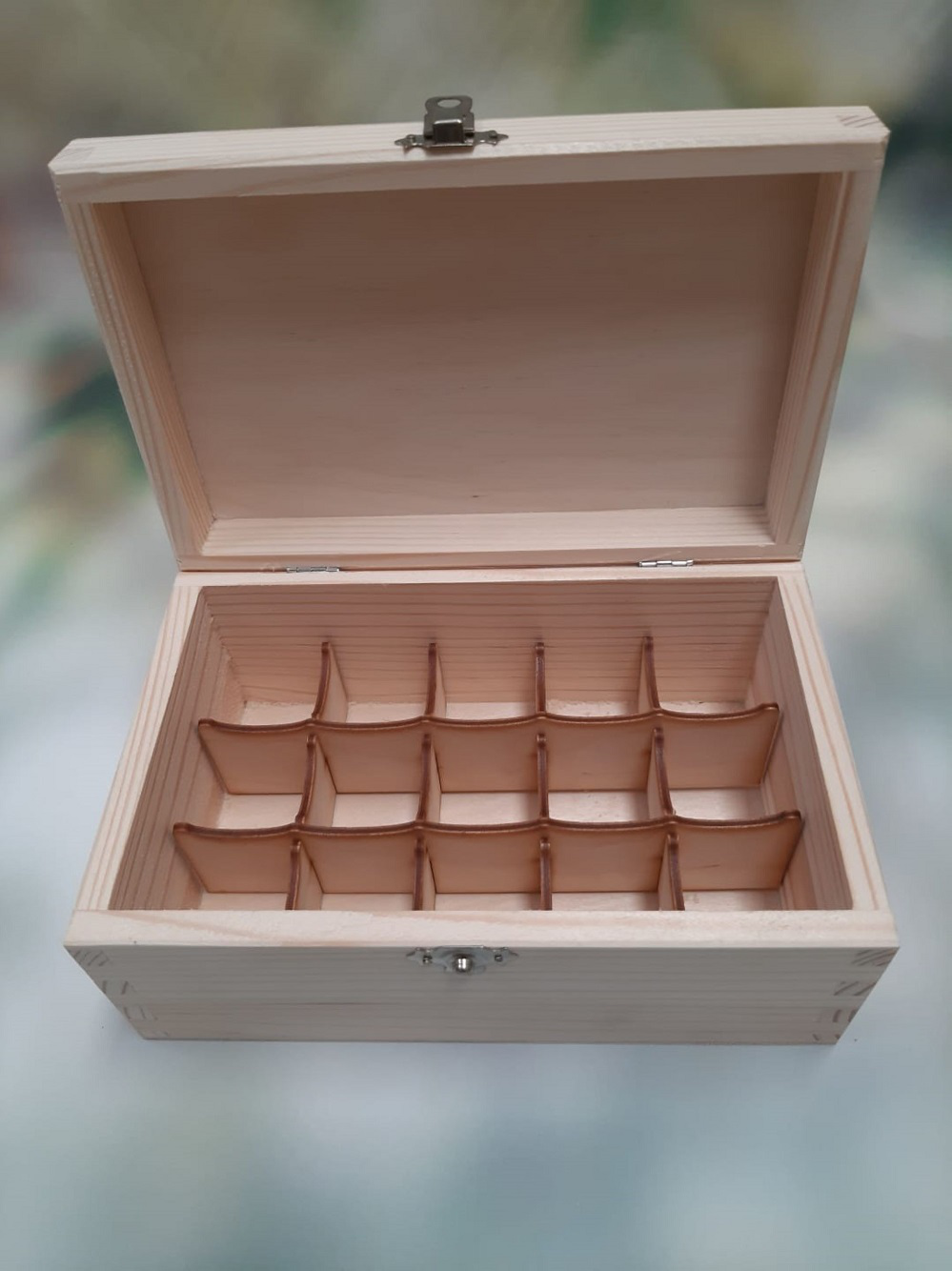 Small Wooden Pine Box With 15 Compartments Dividers Sections - Close Up