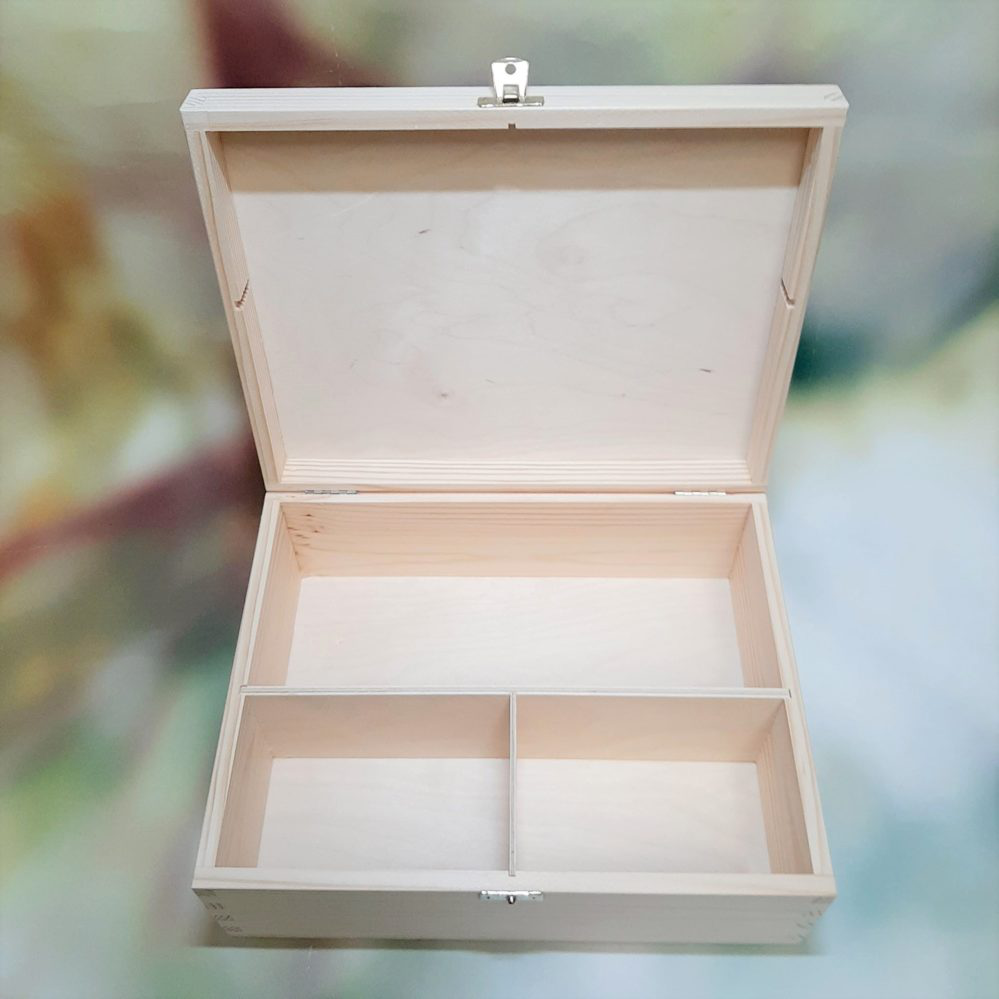 Unpainted Wooden Section Divider Box Case With 3 Compartments