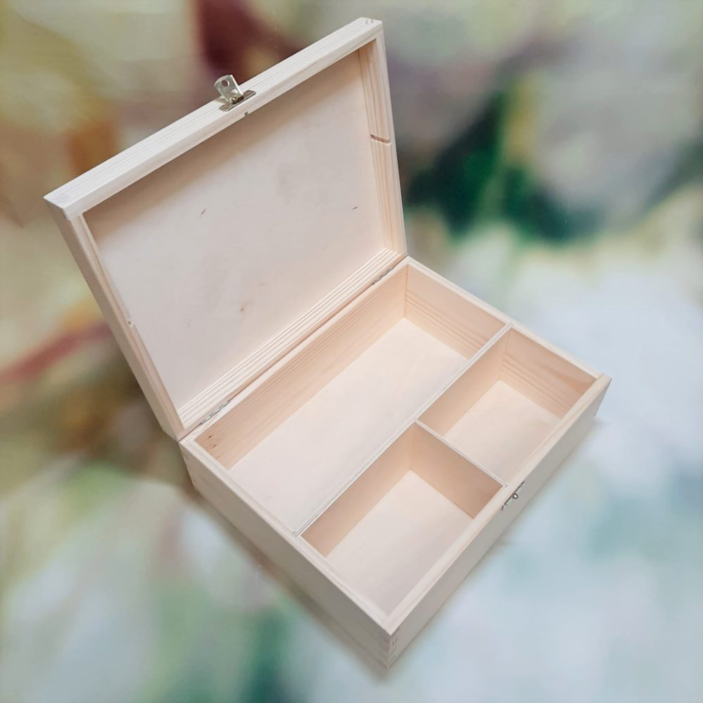 Unpainted Wooden Section Divider Box Case With 3 Compartments