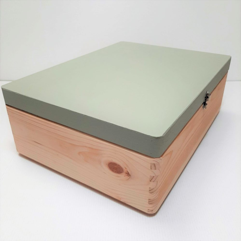 Wooden Household Box with GreenSage Painted Lid - Side View