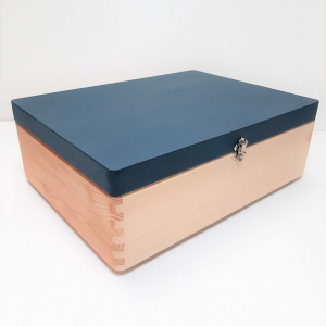 Wooden Household Box with Navy Blue Painted Lid - Side View