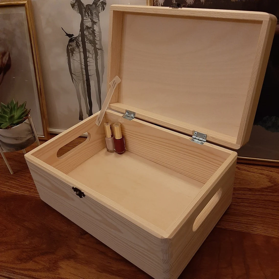 Wooden Unpainted Box - Open With Handles