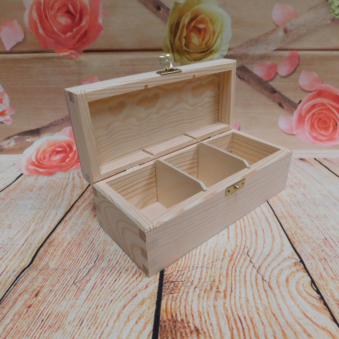 Blank Pine Wooden Tea Bag Box With 3 Compartments