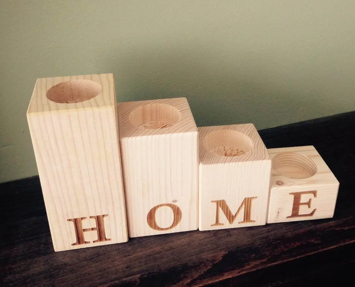 Engraved Block Wooden Tea Light Holders - HOME