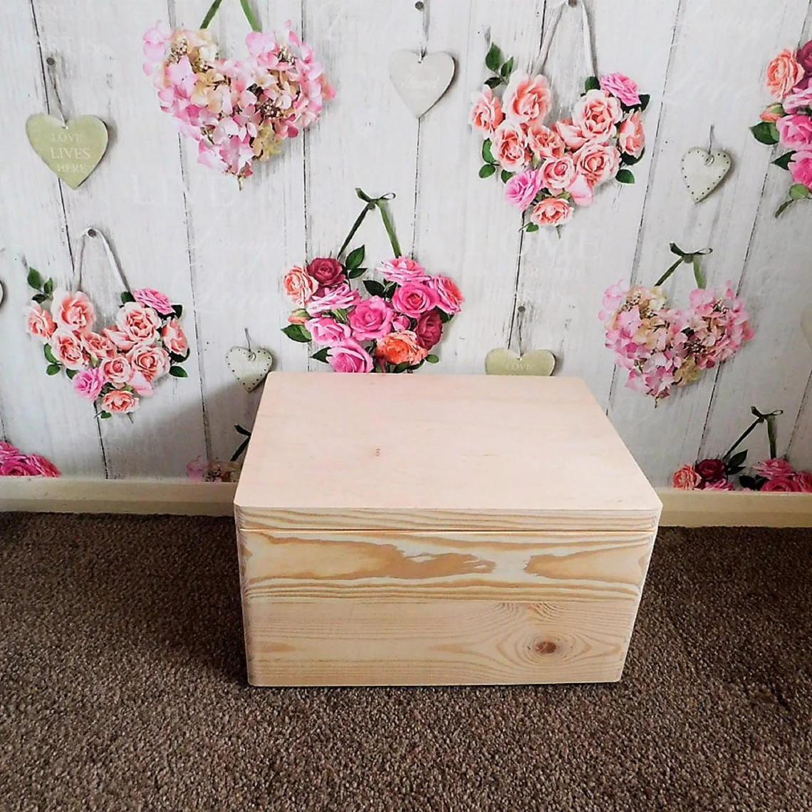 Large Plain Wooden Storage Box With Hinged Lid & Handles - Front View