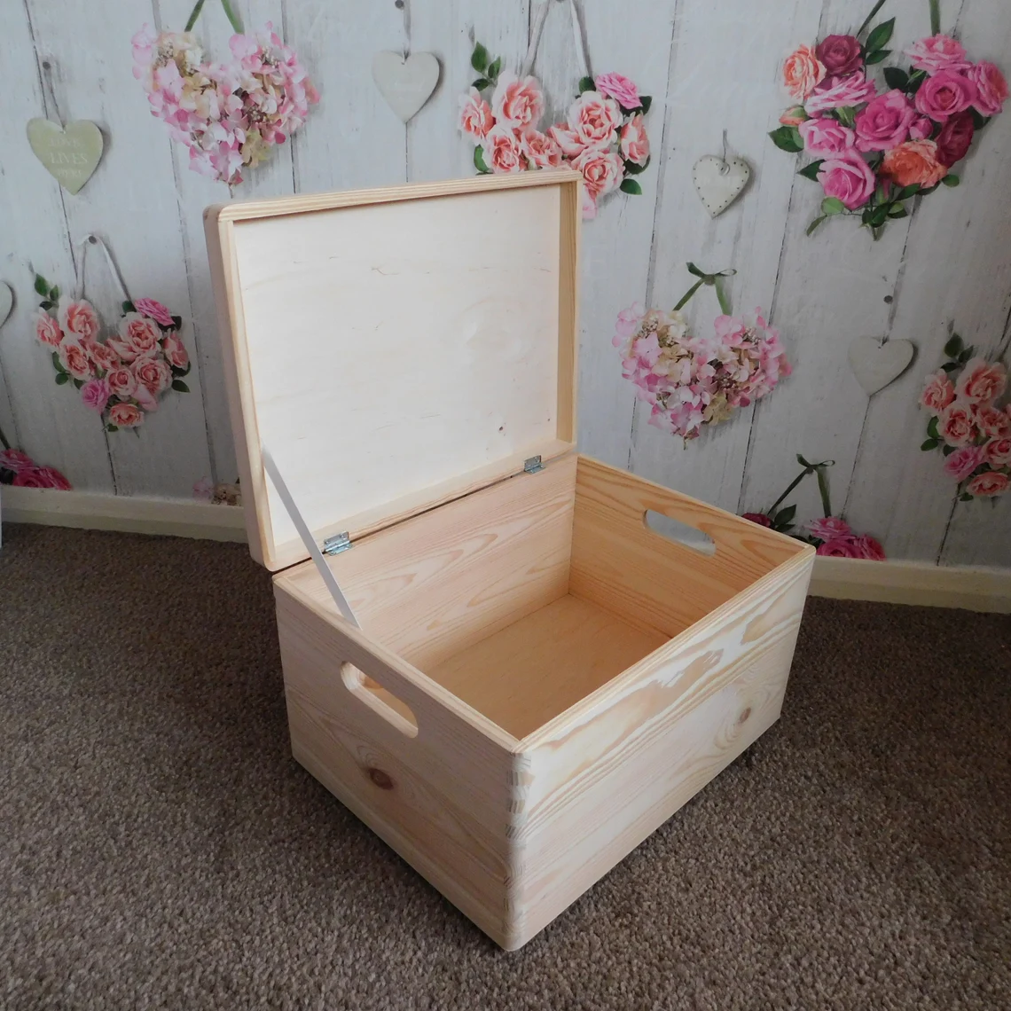 Large Plain Wooden Storage Box With Hinged Lid & Handles - Open Box Angled