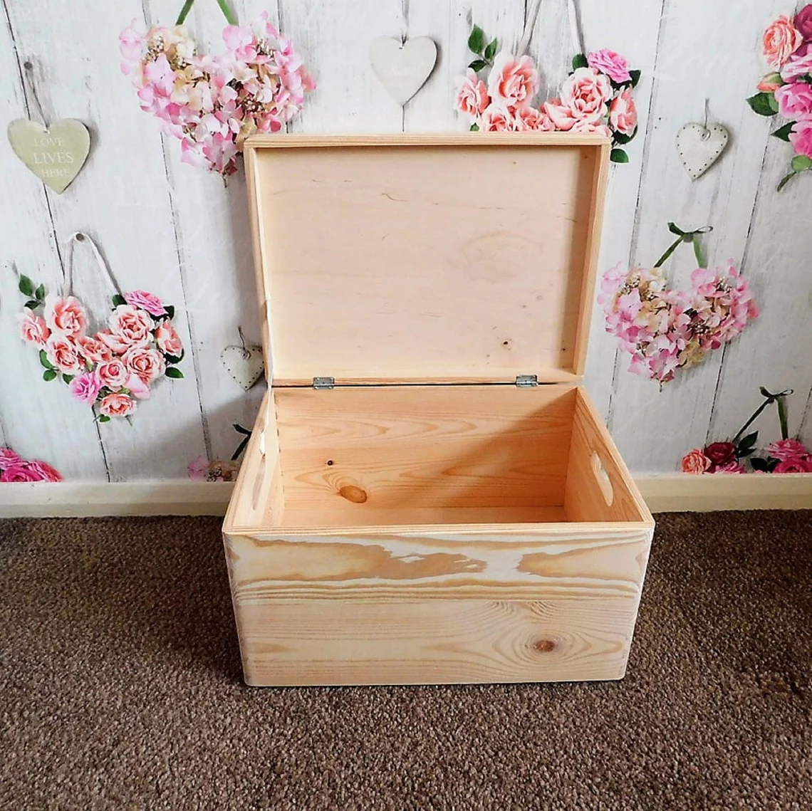 Large Plain Wooden Storage Box With Hinged Lid & Handles - Open Box