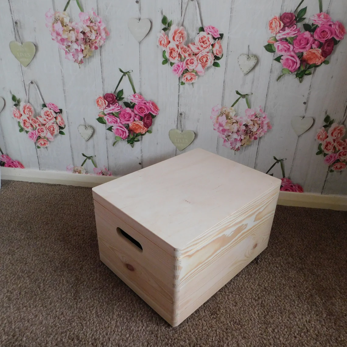 Large Plain Wooden Storage Box With Hinged Lid & Handles - Side View