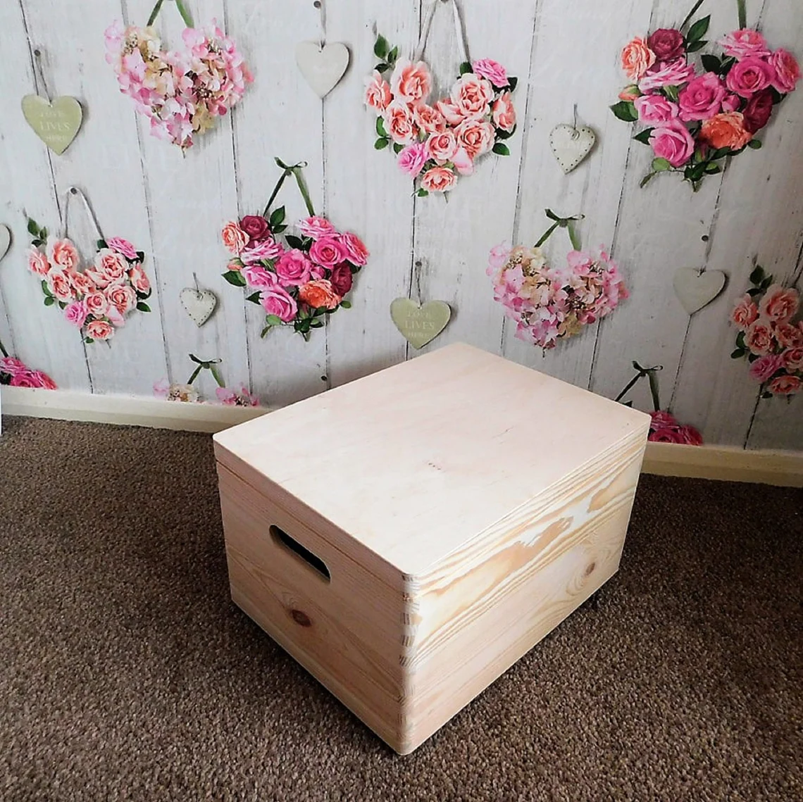 Large Plain Wooden Storage Box With Hinged Lid & Handles