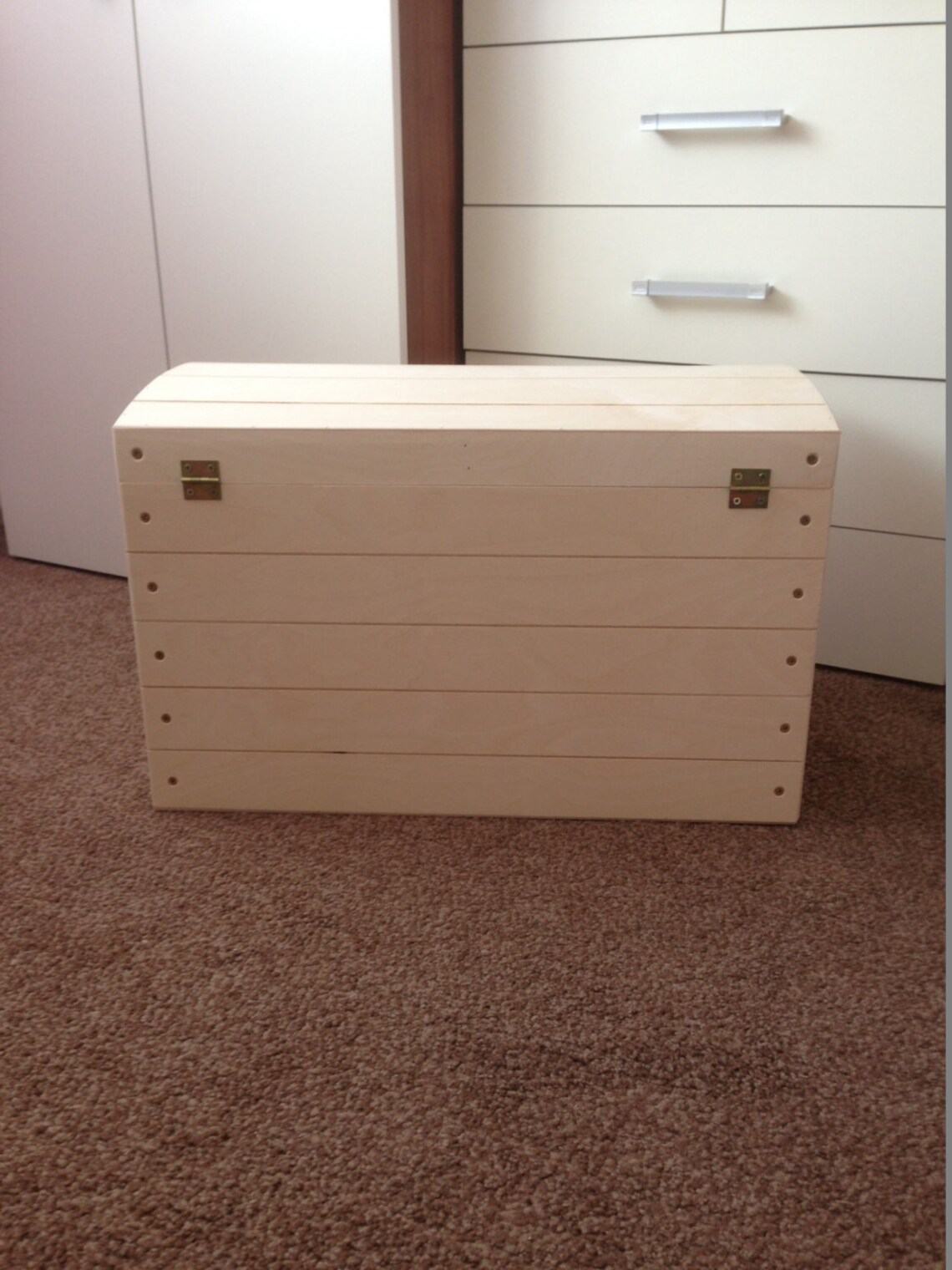 Large Wooden Storage Box with Curved Lid and Handles - Back View