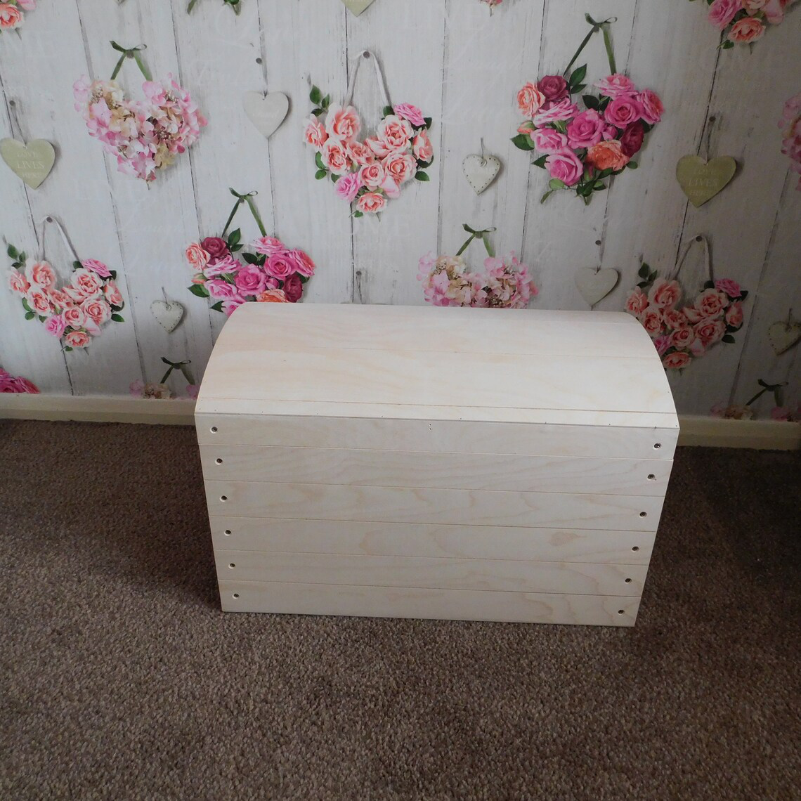 Large Wooden Storage Box with Curved Lid and Handles - Front View