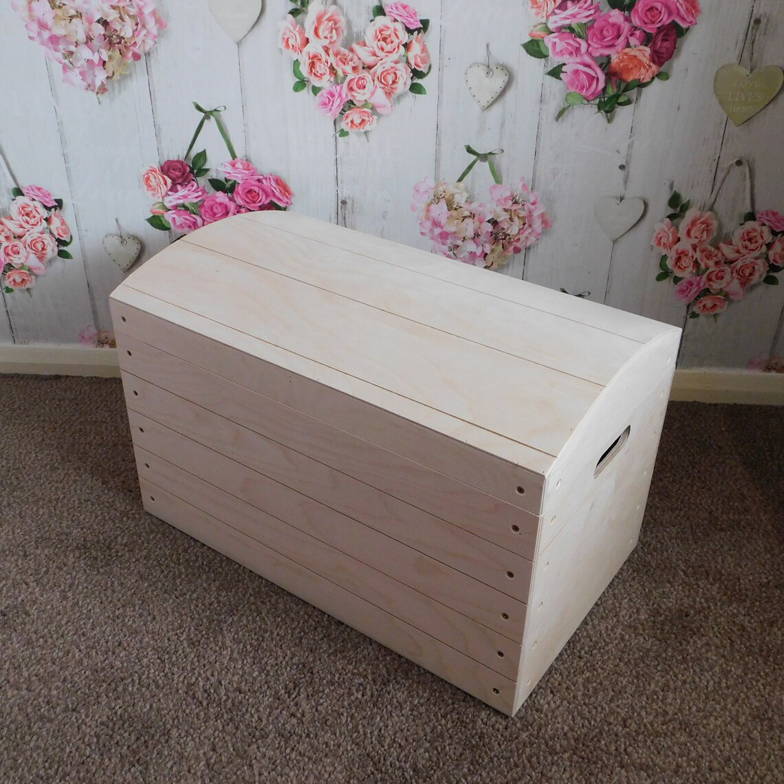 Large Wooden Storage Box with Curved Lid and Handles - General View