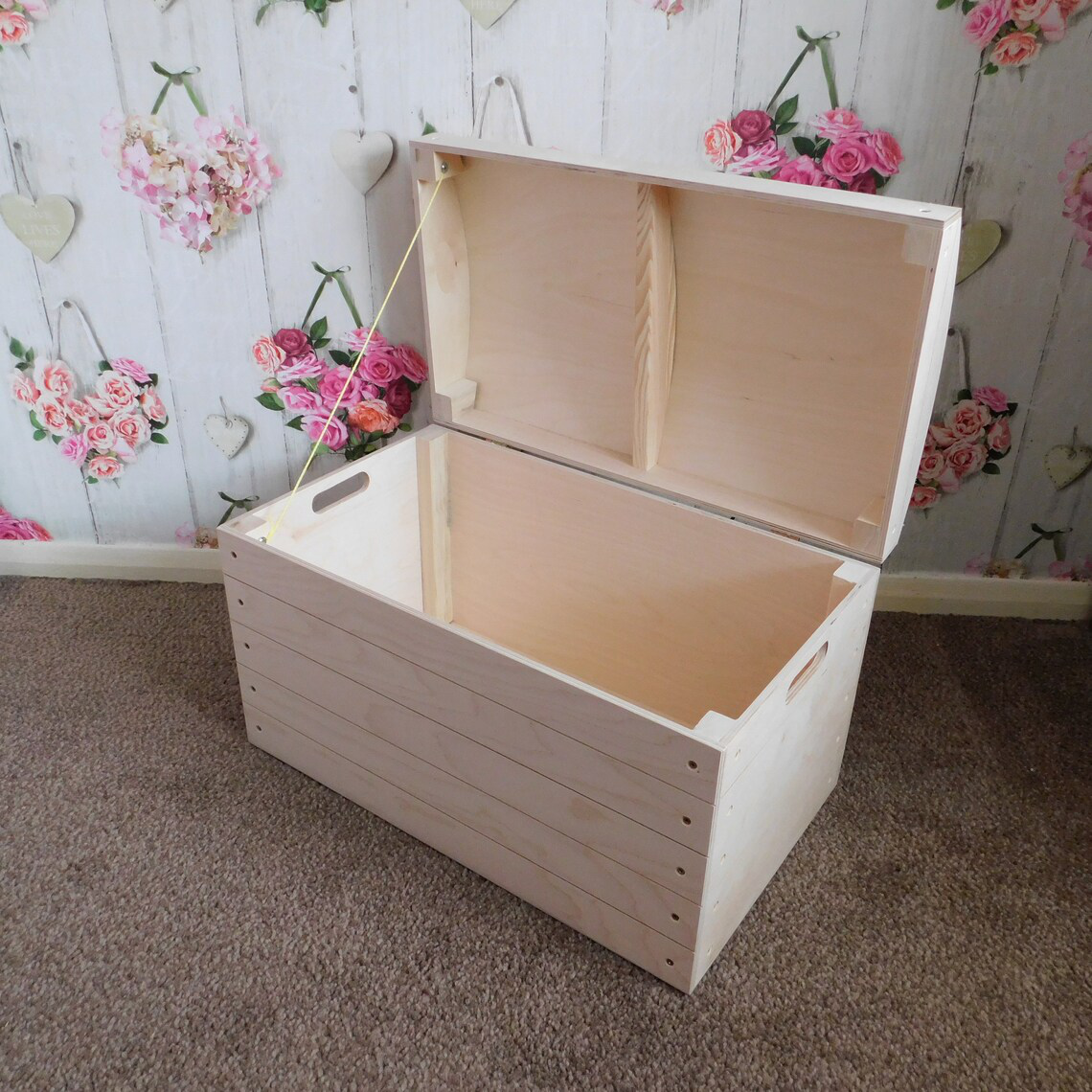 Large Wooden Storage Box with Curved Lid and Handles - Lid Open 2
