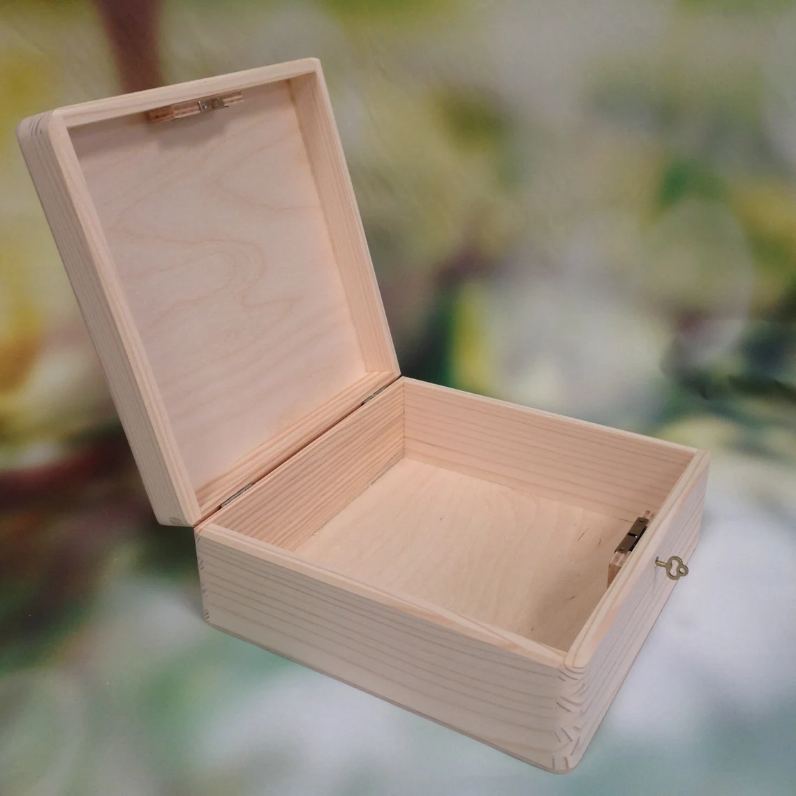 Lockable Natural Wooden Box With Lid - Side View - Box Open