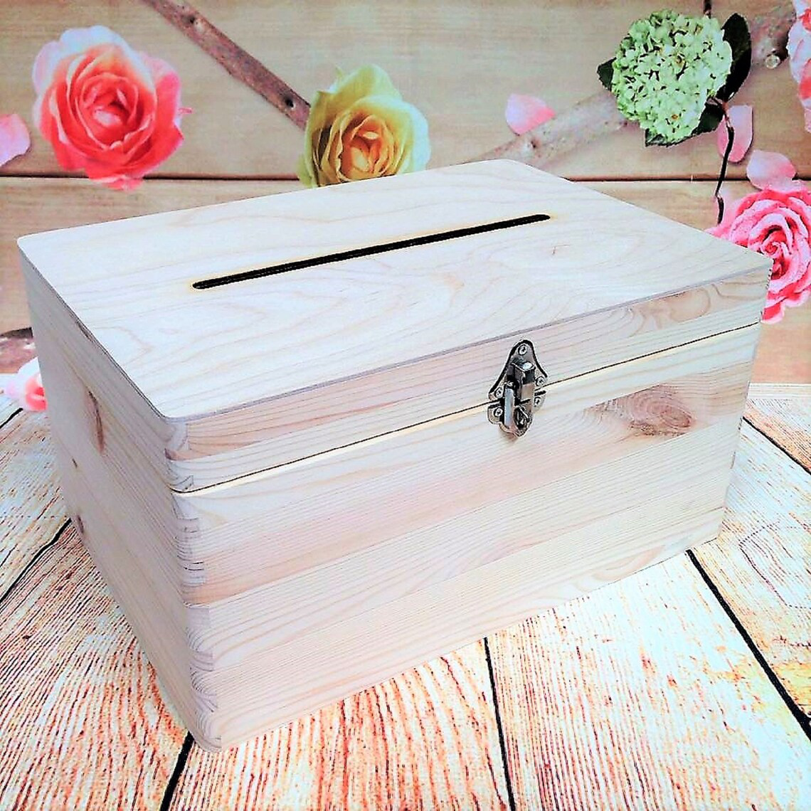 Lockable Natural Wooden Box With Slot - Close Up