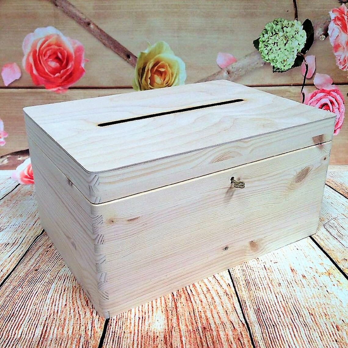 Lockable Natural Wooden Box With Slot