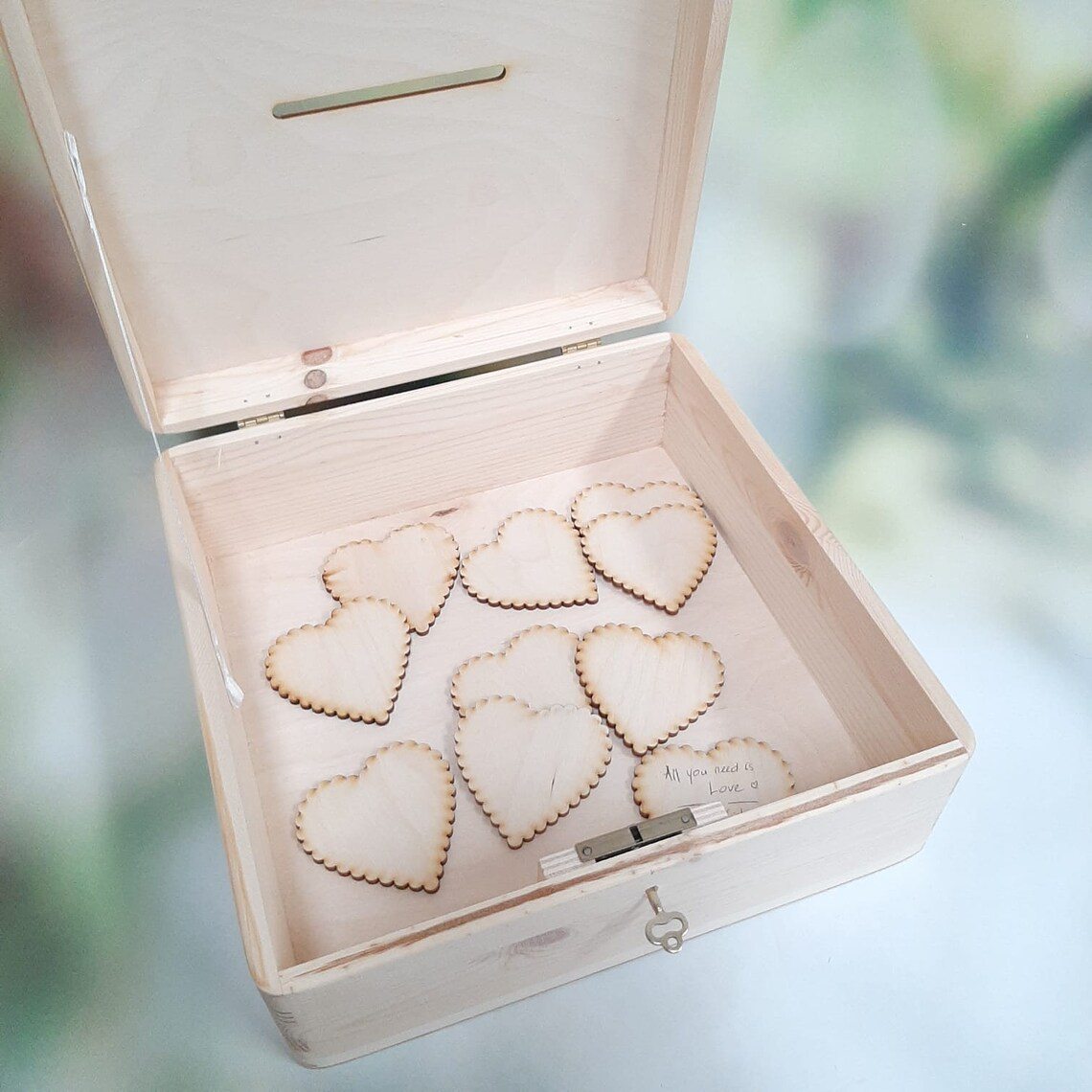 Lockable Wooden Wedding Card Box - Hearts Inside Box