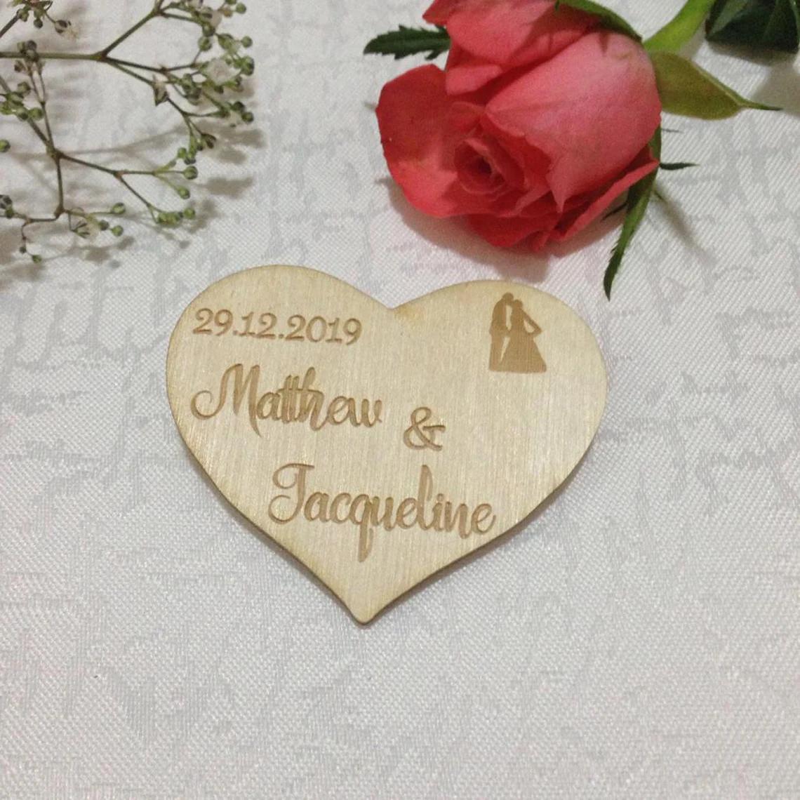 Personalised Wooden Heart Save the Date Magnet - Kissing Couple