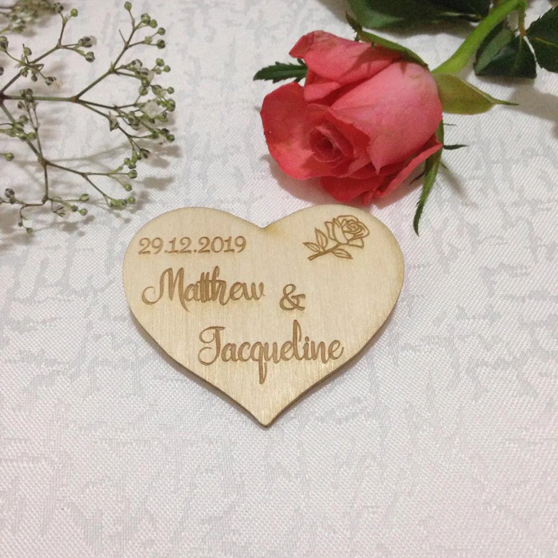 Personalised Wooden Heart Save the Date Magnet - Rose