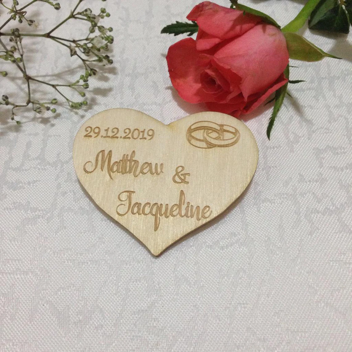 Personalised Wooden Heart Save the Date Magnet - Wediing Rings