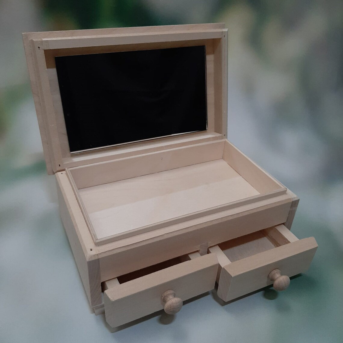 Personalized Wooden Storage Case For Make Up With Mirror And 2 Drawers