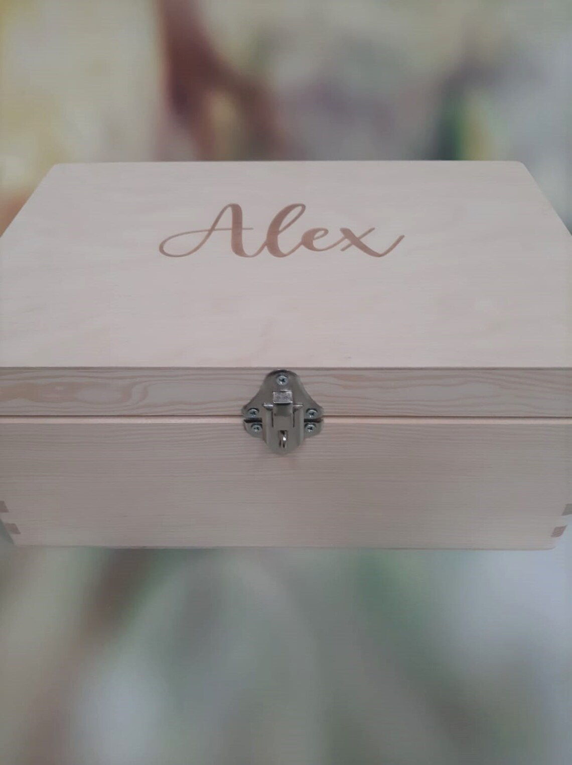 Pre-Personalised Wooden Box With Alex Engraved On Lid - Clasp