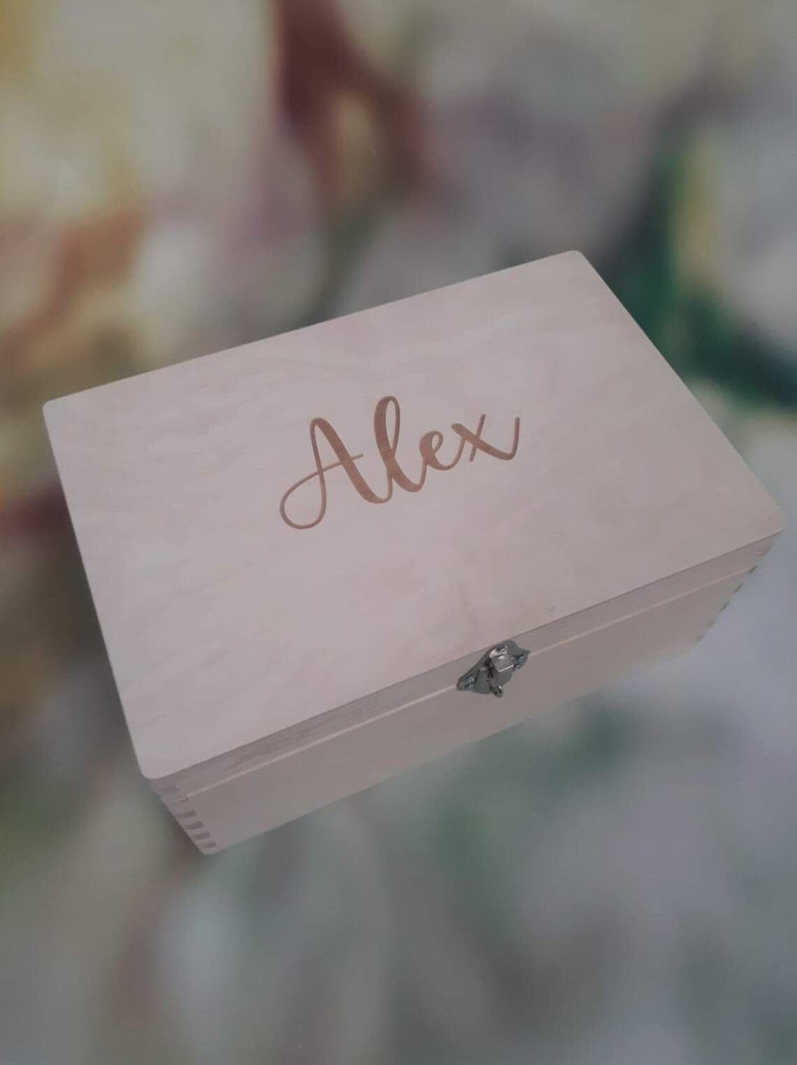 Pre-Personalised Wooden Box With Alex Engraved On Lid - Top View