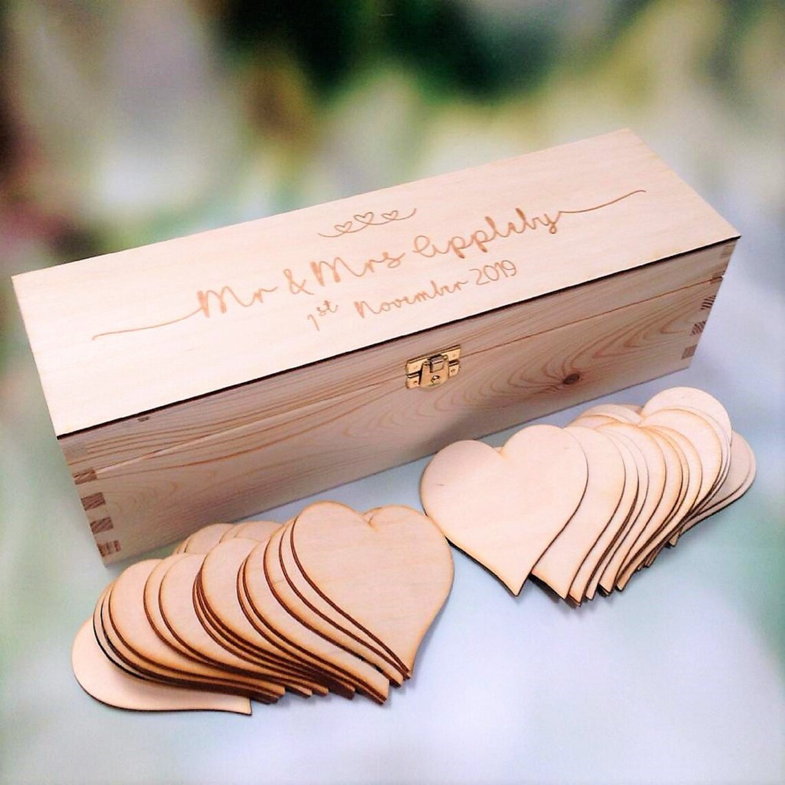 Wedding Guestbook Wooden Box with 60 Wooden Hearts