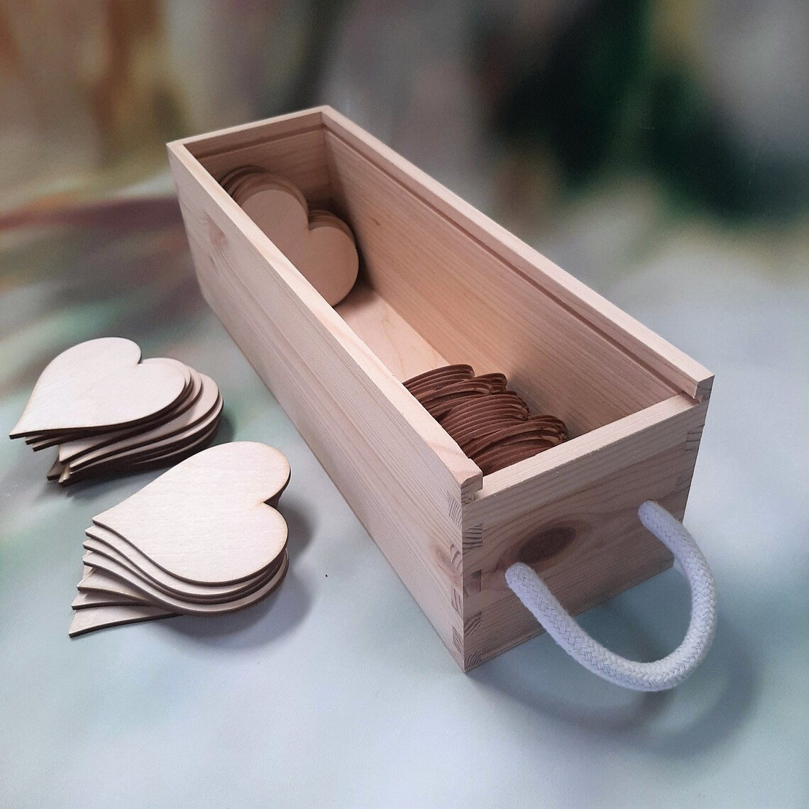 Wedding Wooden Guestbook Box with 60 Wooden Hearts