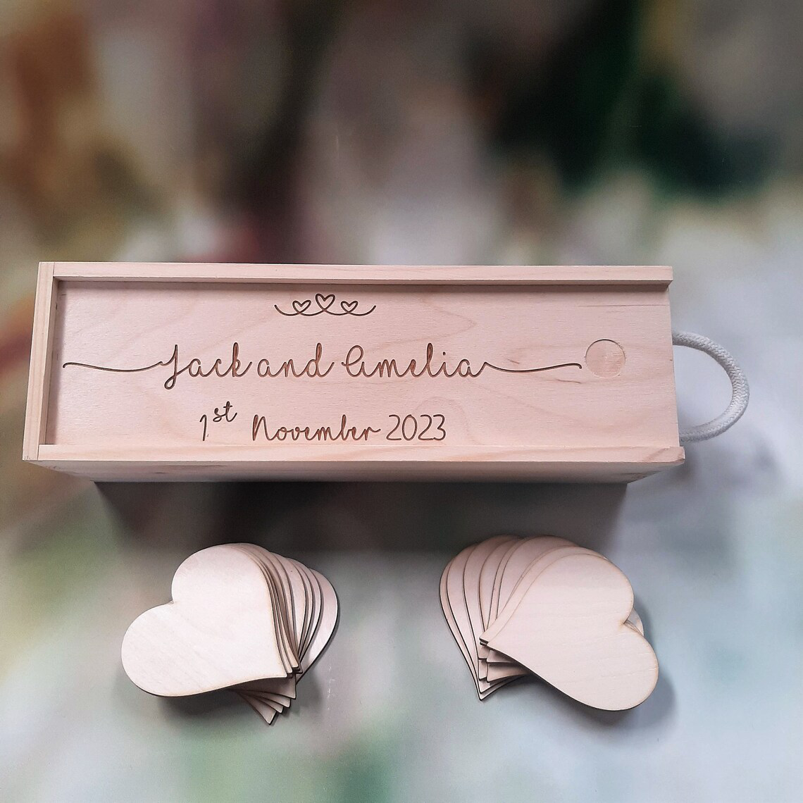Wedding Wooden Guestbook Box with 60 Wooden Hearts