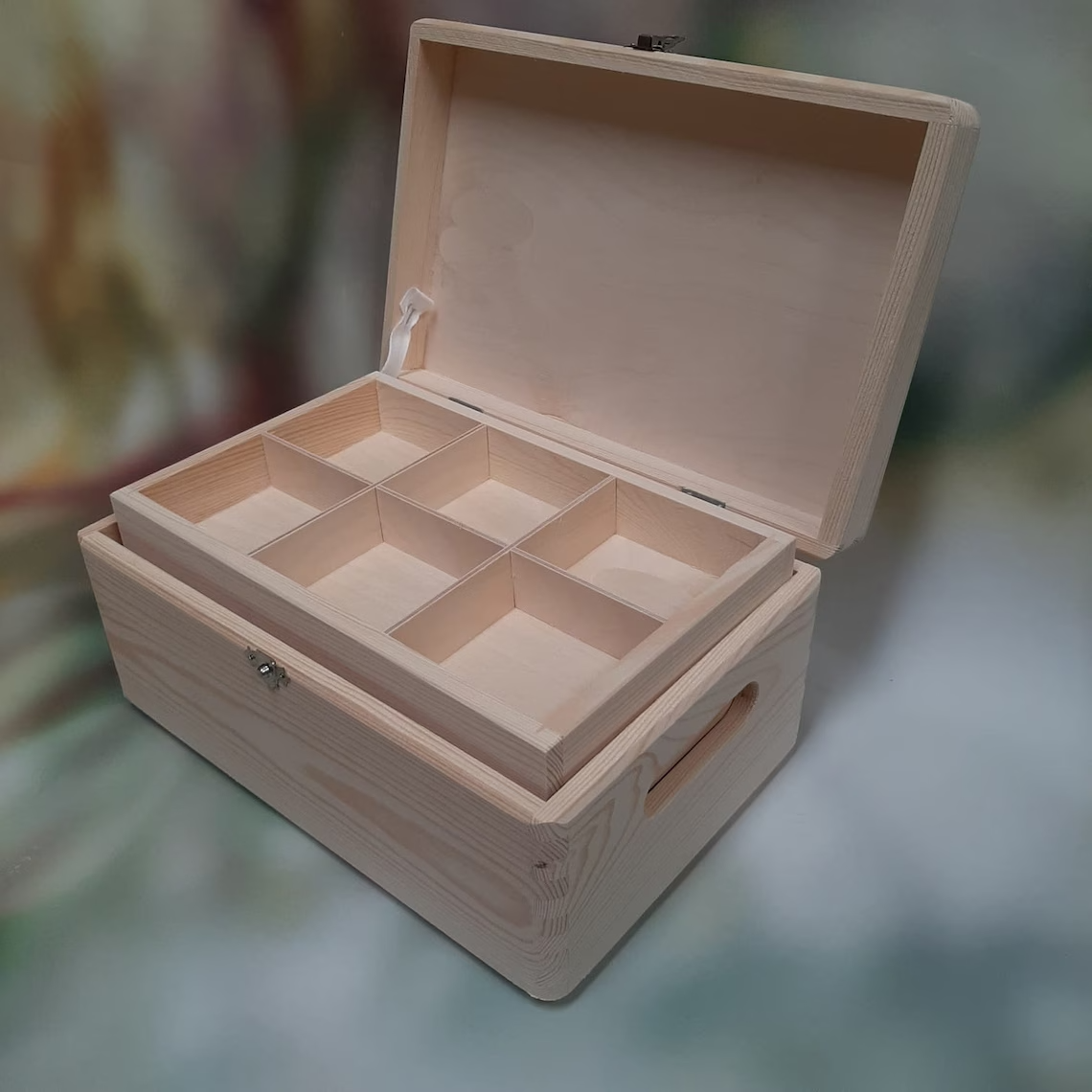 Wooden Storage Box With 6 Compartment Display Trays