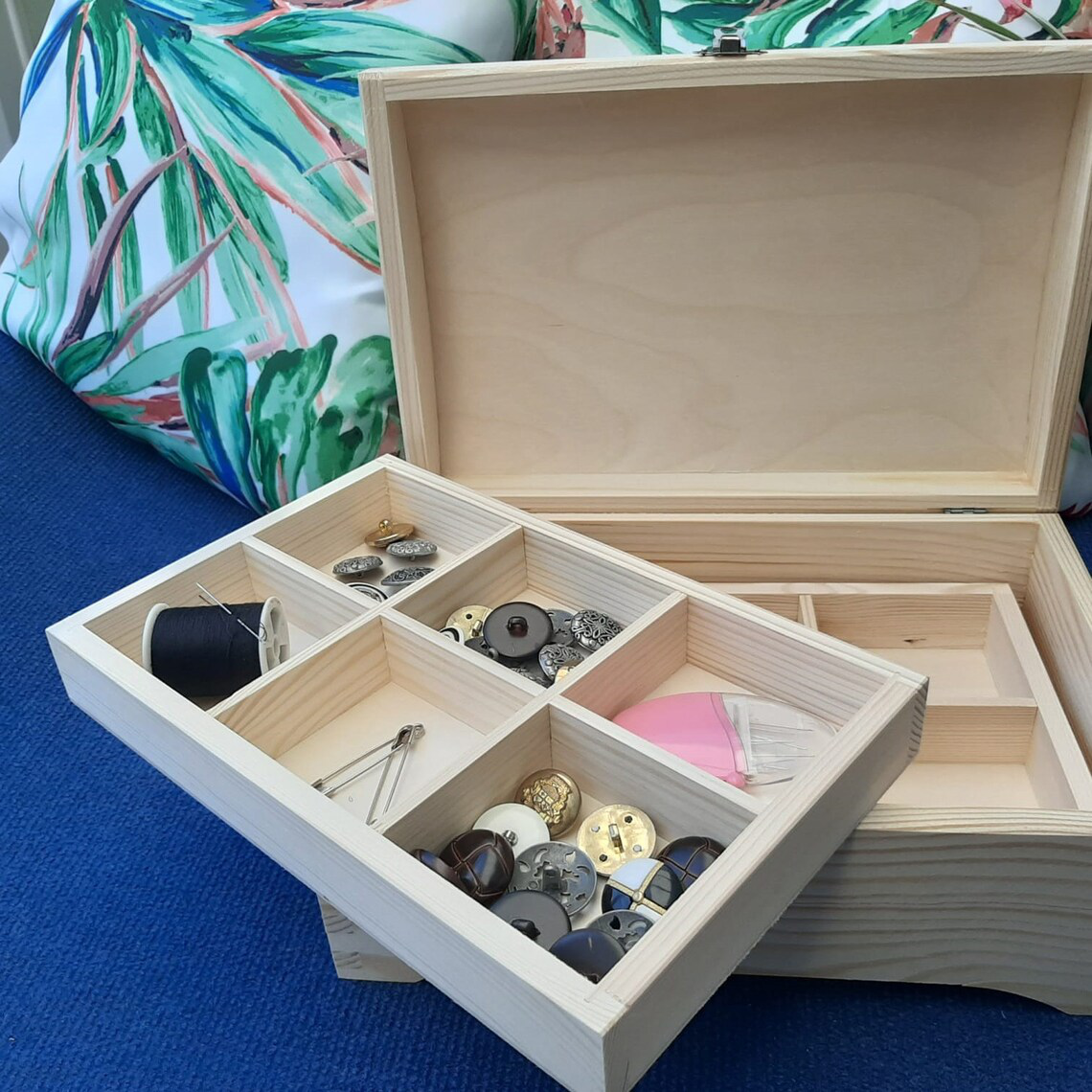 Wooden Storage Box with Trays - Compartments